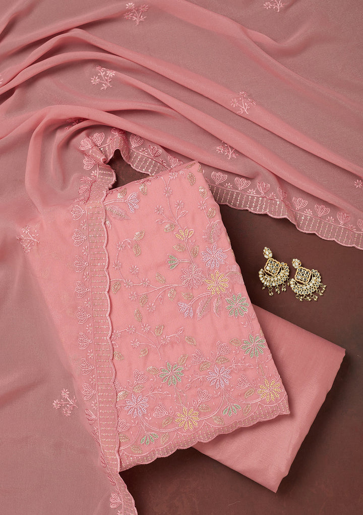 Peach Thread Embroidery Semi Crepe Unstitched Salwar Suit