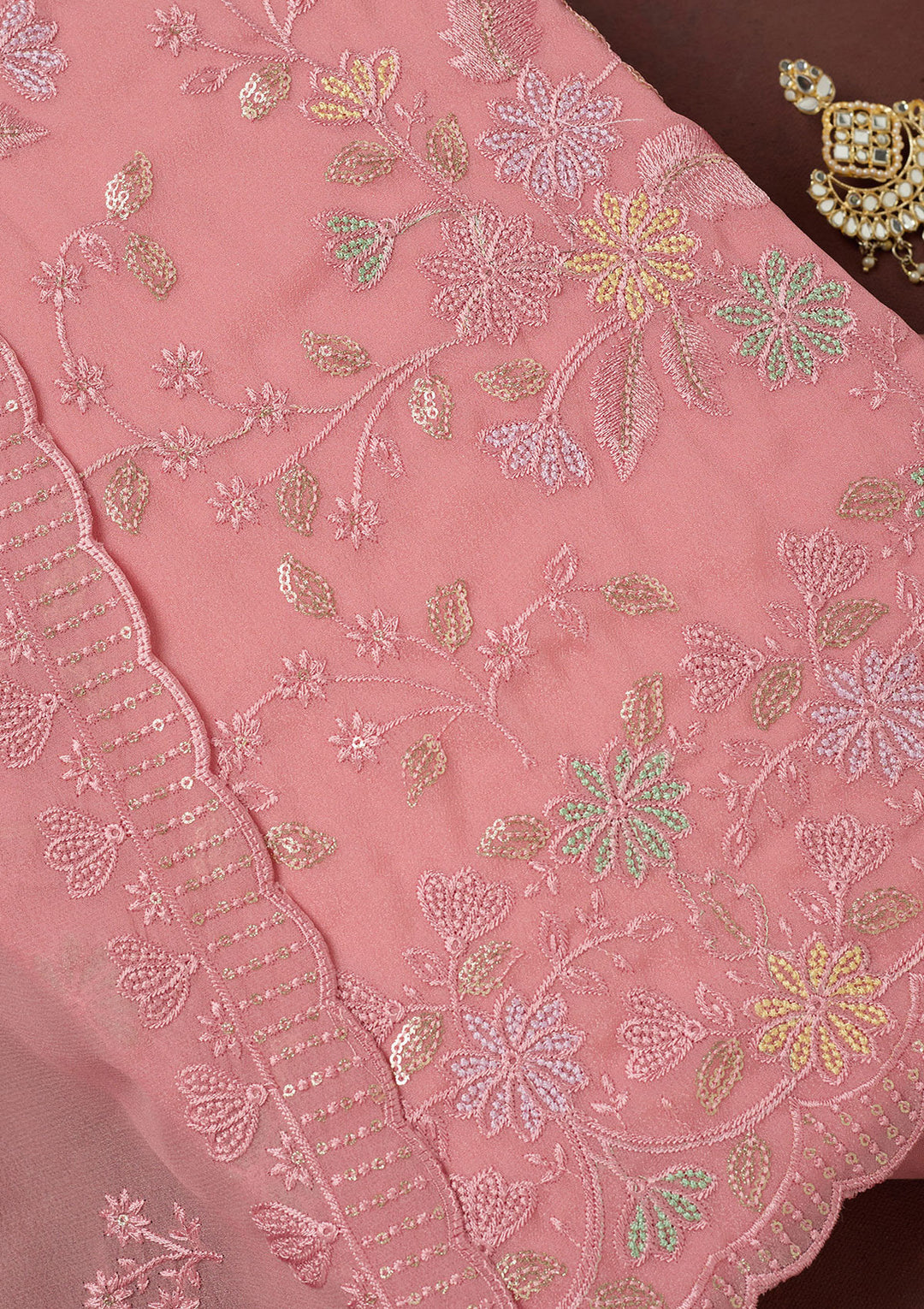 Peach Thread Embroidery Semi Crepe Unstitched Salwar Suit