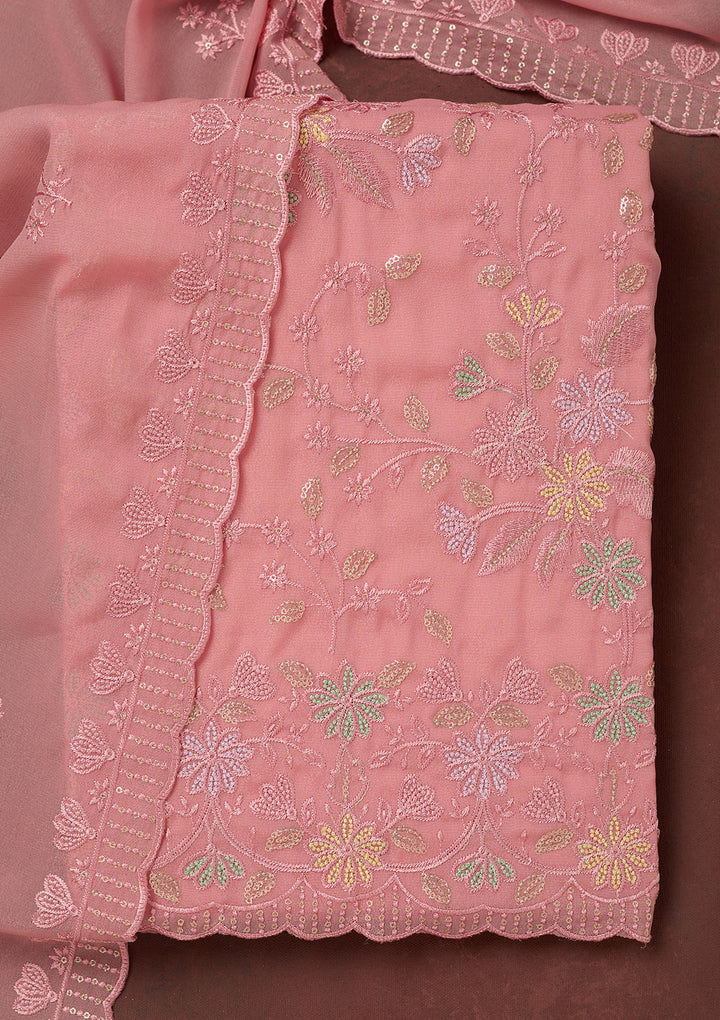 Peach Thread Embroidery Semi Crepe Unstitched Salwar Suit