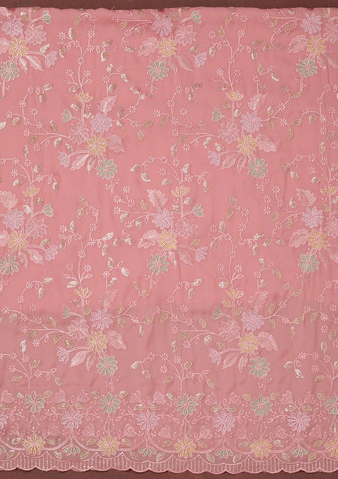 Peach Thread Embroidery Semi Crepe Unstitched Salwar Suit