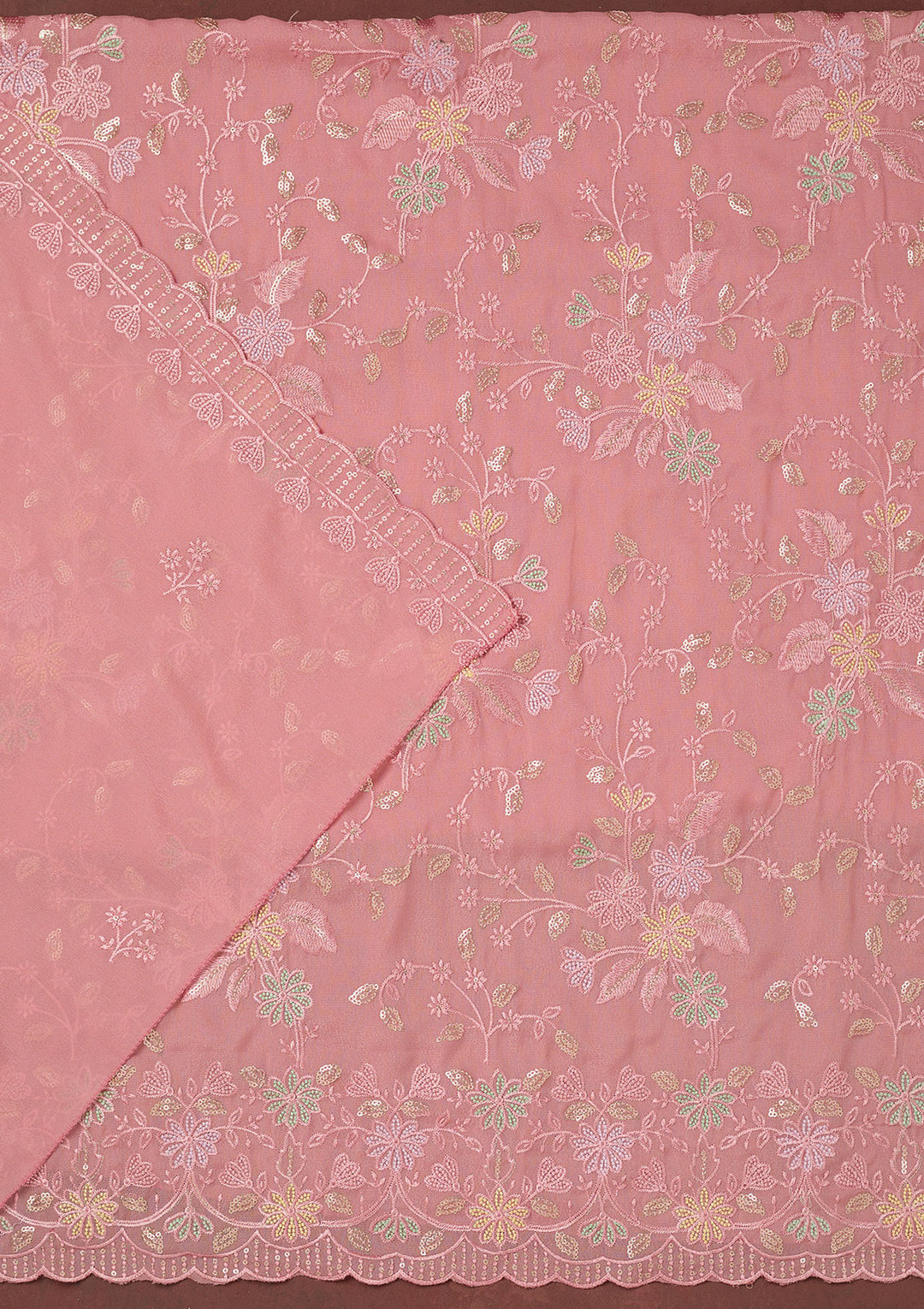 Peach Thread Embroidery Semi Crepe Unstitched Salwar Suit