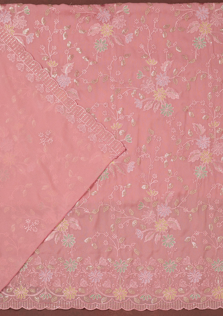 Peach Thread Embroidery Semi Crepe Unstitched Salwar Suit