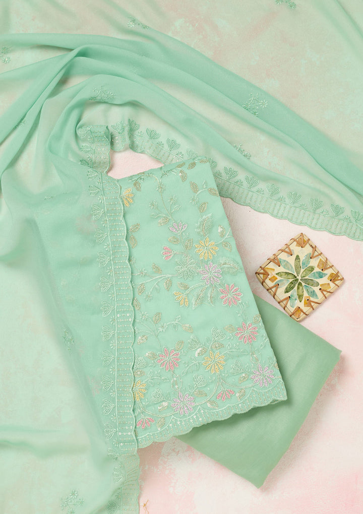 Sea Green Thread Embroidery Semi Crepe Unstitched Salwar Suit