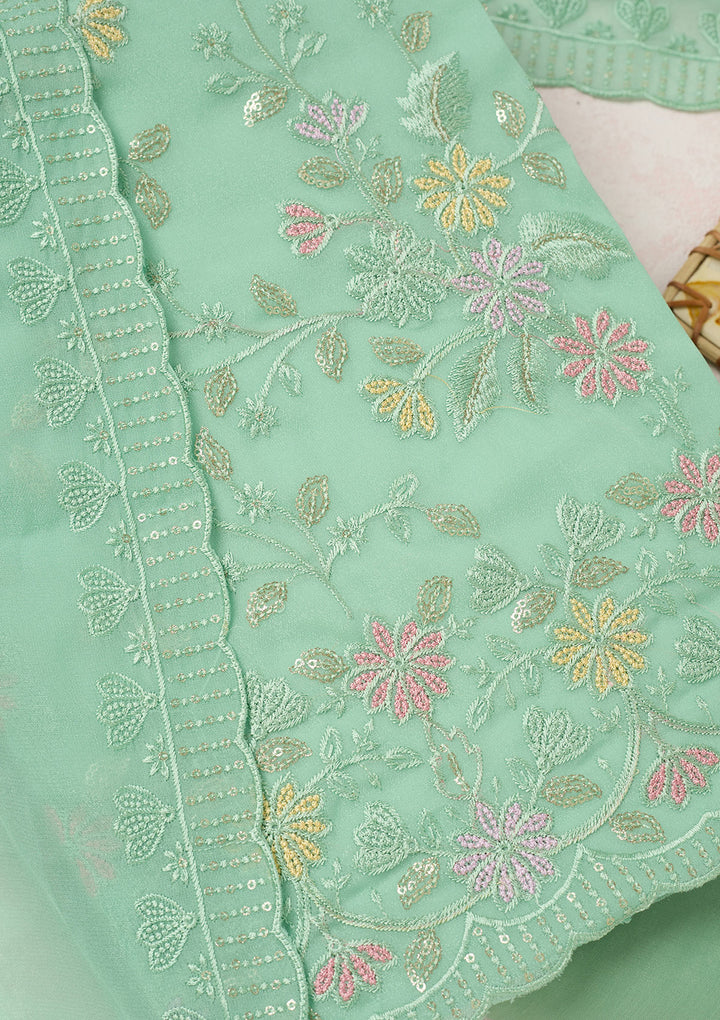 Sea Green Thread Embroidery Semi Crepe Unstitched Salwar Suit