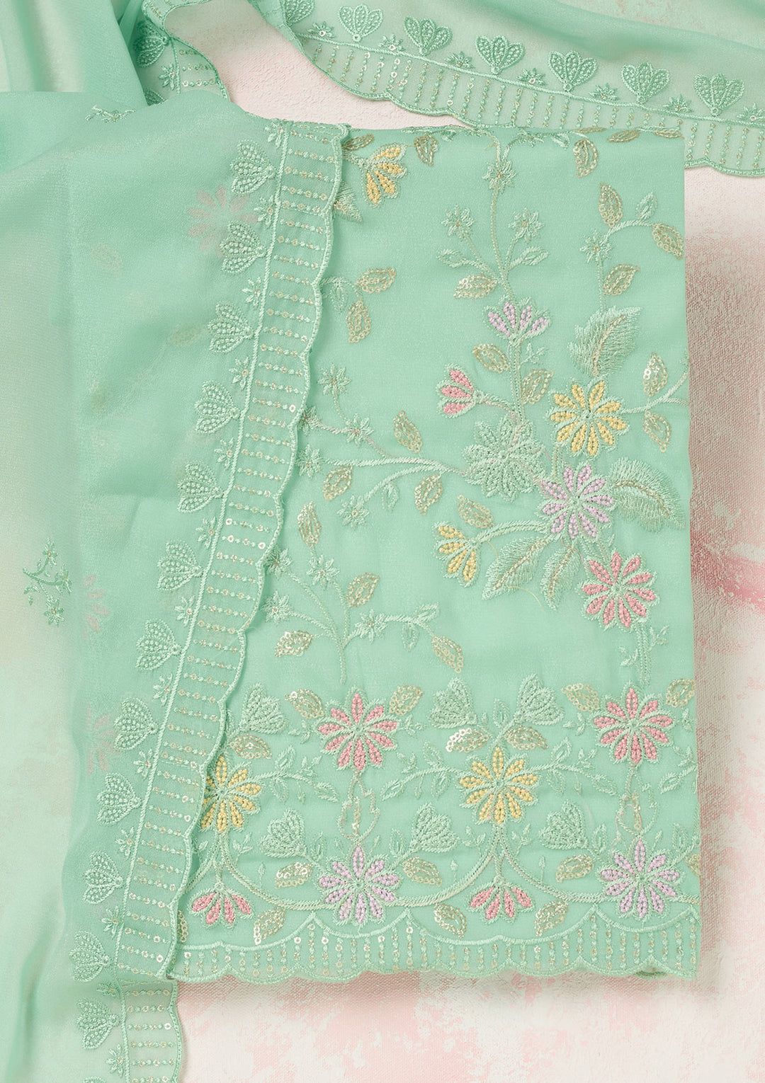 Sea Green Thread Embroidery Semi Crepe Unstitched Salwar Suit