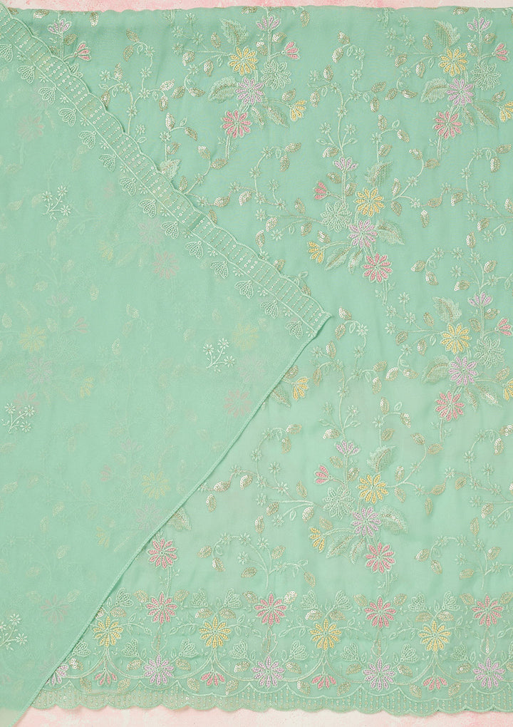 Sea Green Thread Embroidery Semi Crepe Unstitched Salwar Suit