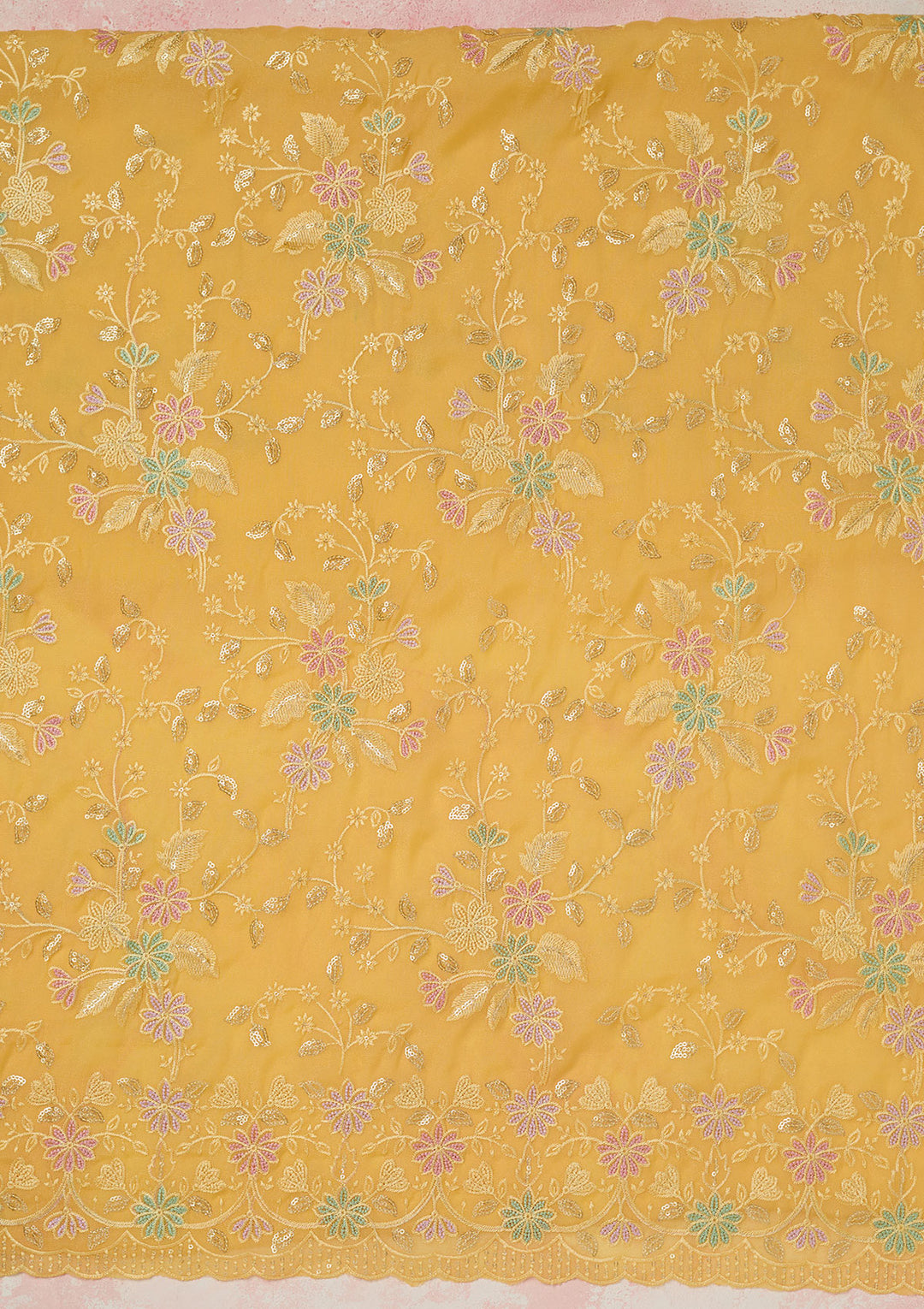 Yellow Thread Embroidery Semi Crepe Unstitched Salwar Suit