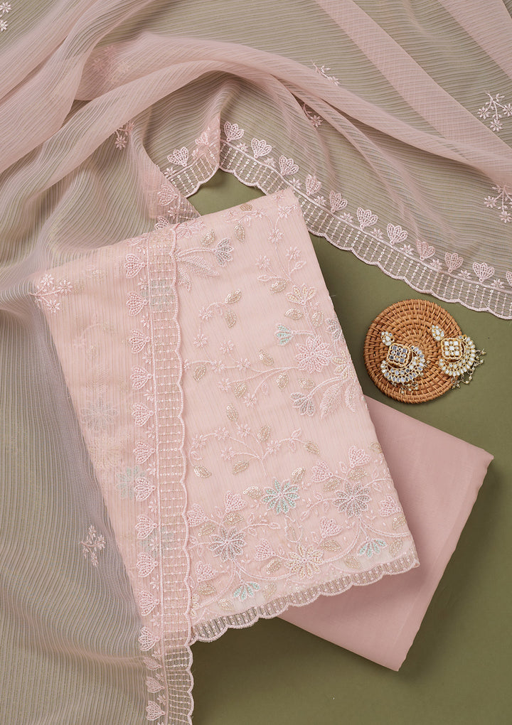 Baby Pink Threadwork Semi Crepe Unstitched Salwar Suit
