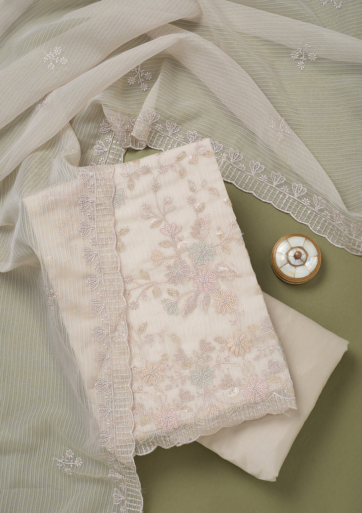 Light Grey Threadwork Semi Crepe Unstitched Salwar Suit