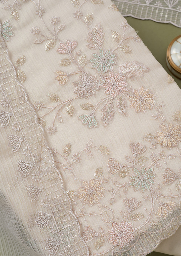 Light Grey Threadwork Semi Crepe Unstitched Salwar Suit