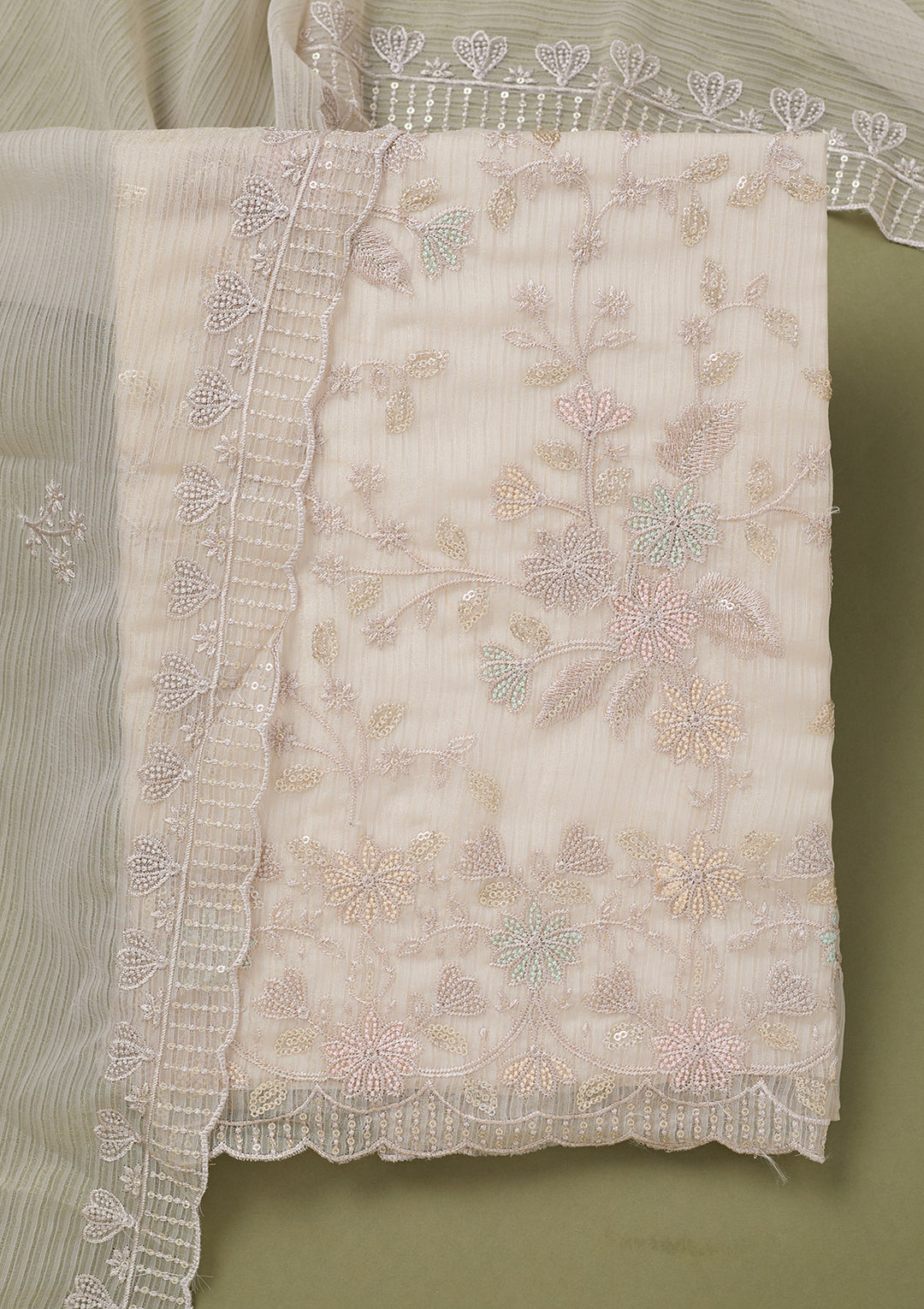 Light Grey Threadwork Semi Crepe Unstitched Salwar Suit