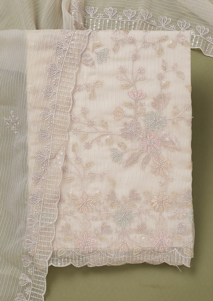 Light Grey Threadwork Semi Crepe Unstitched Salwar Suit