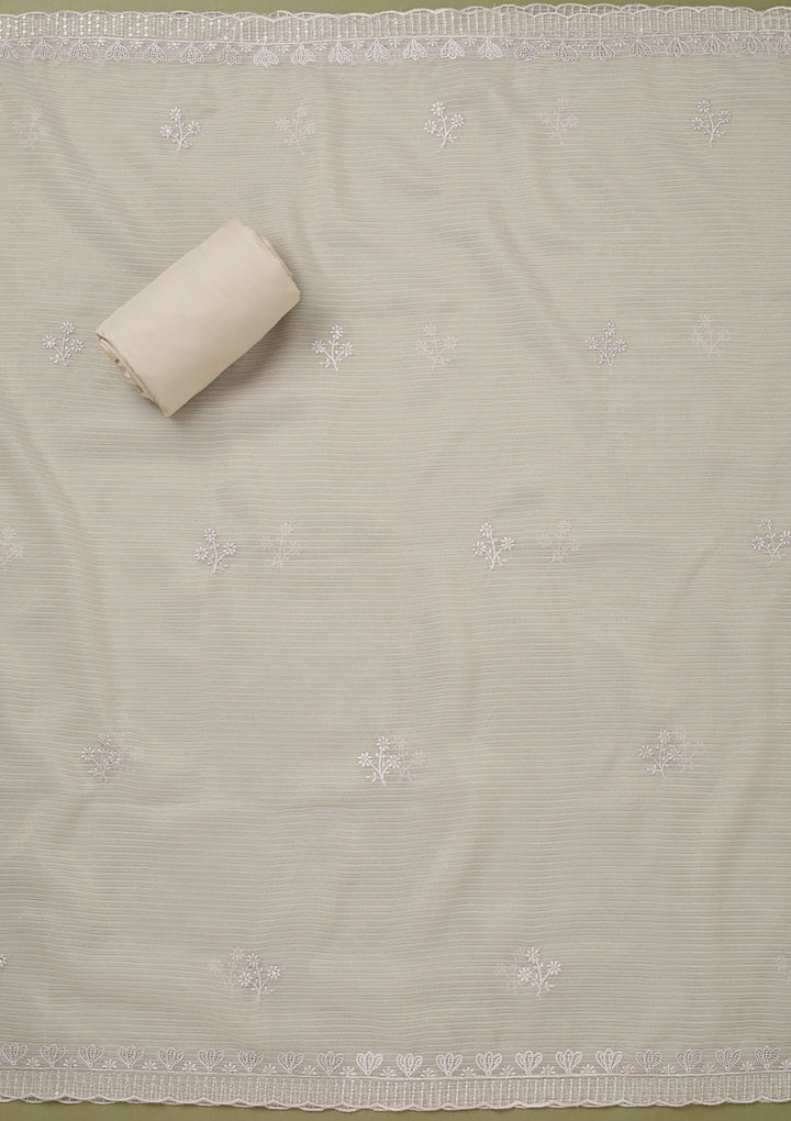 Light Grey Threadwork Semi Crepe Unstitched Salwar Suit