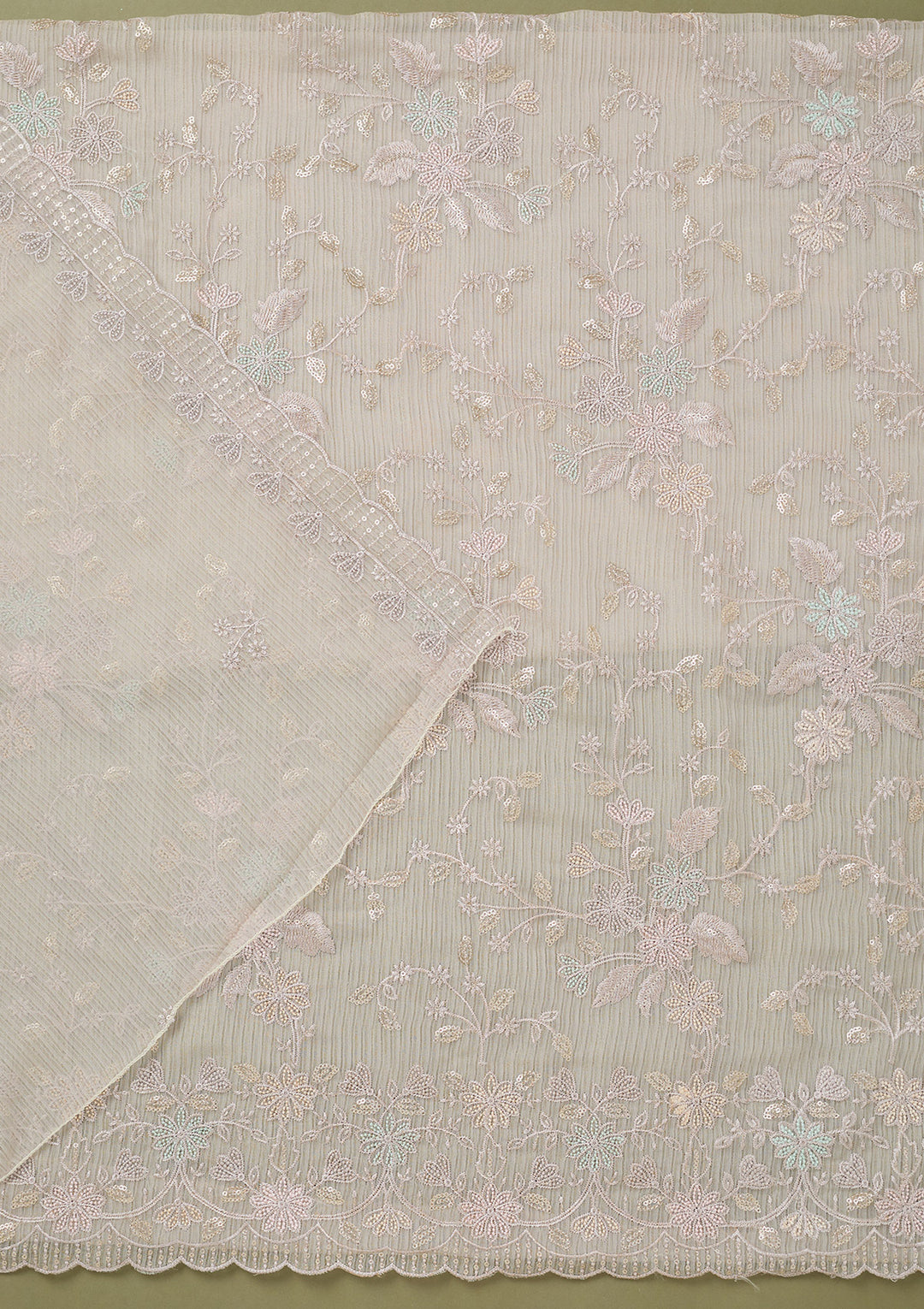 Light Grey Threadwork Semi Crepe Unstitched Salwar Suit