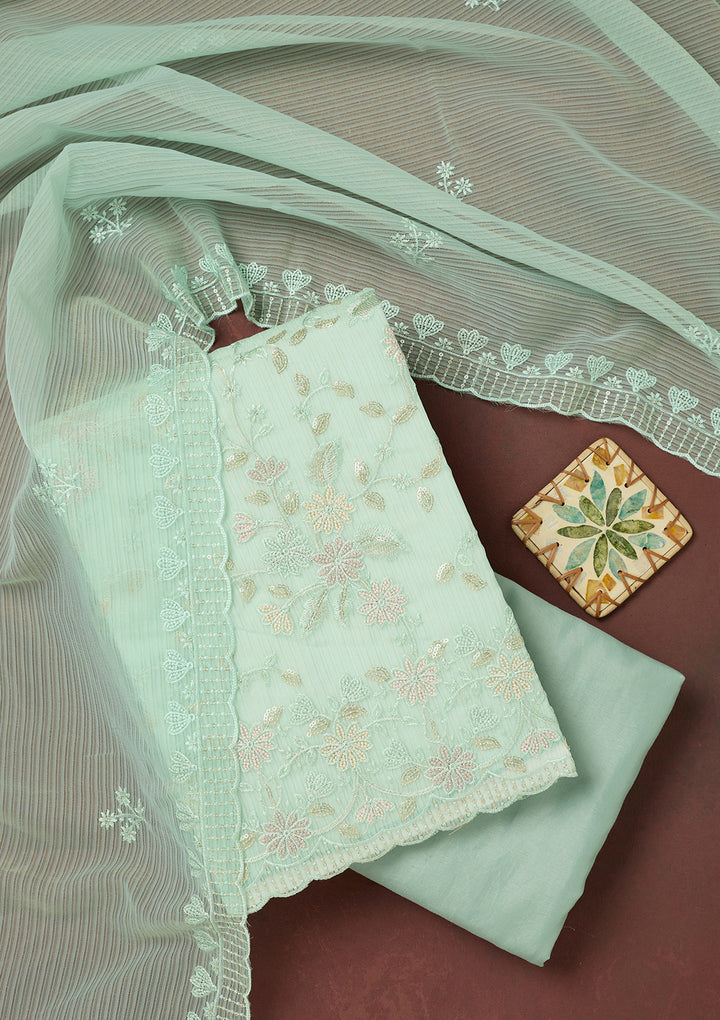Sea Green Thread Embroidery Semi Crepe Unstitched Salwar Suit