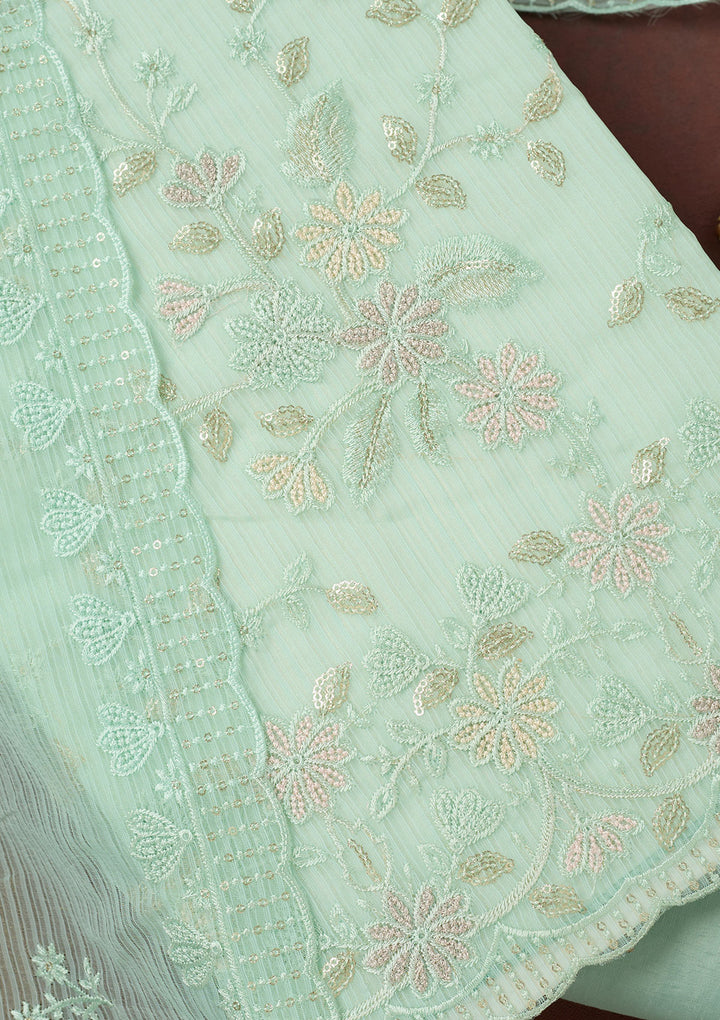 Sea Green Thread Embroidery Semi Crepe Unstitched Salwar Suit