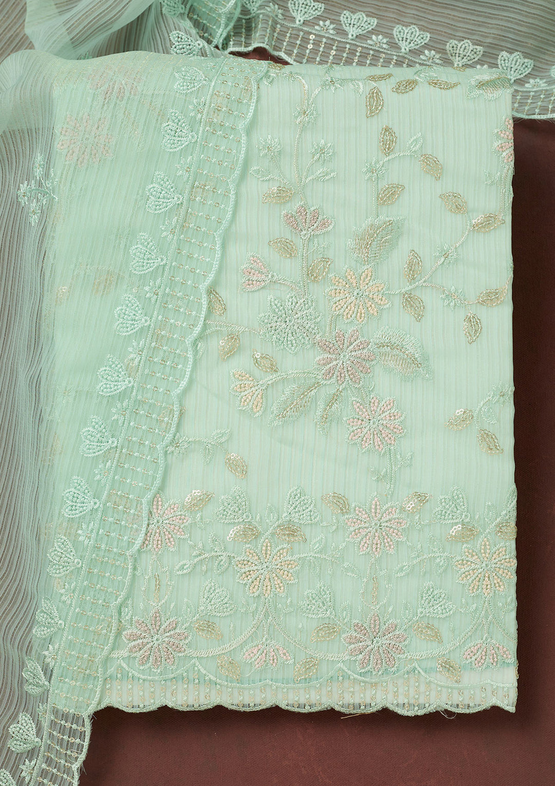 Sea Green Thread Embroidery Semi Crepe Unstitched Salwar Suit