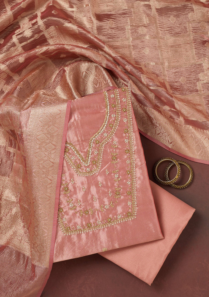 Onion Pink Zardozi (Gold) Tissue Unstitched Salwar Suit