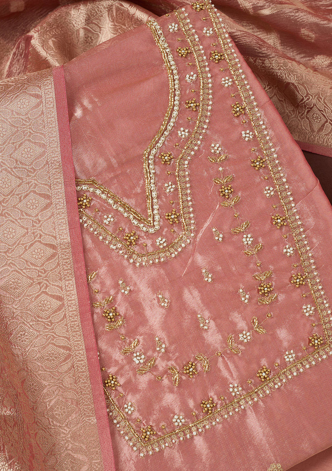 Onion Pink Zardozi (Gold) Tissue Unstitched Salwar Suit