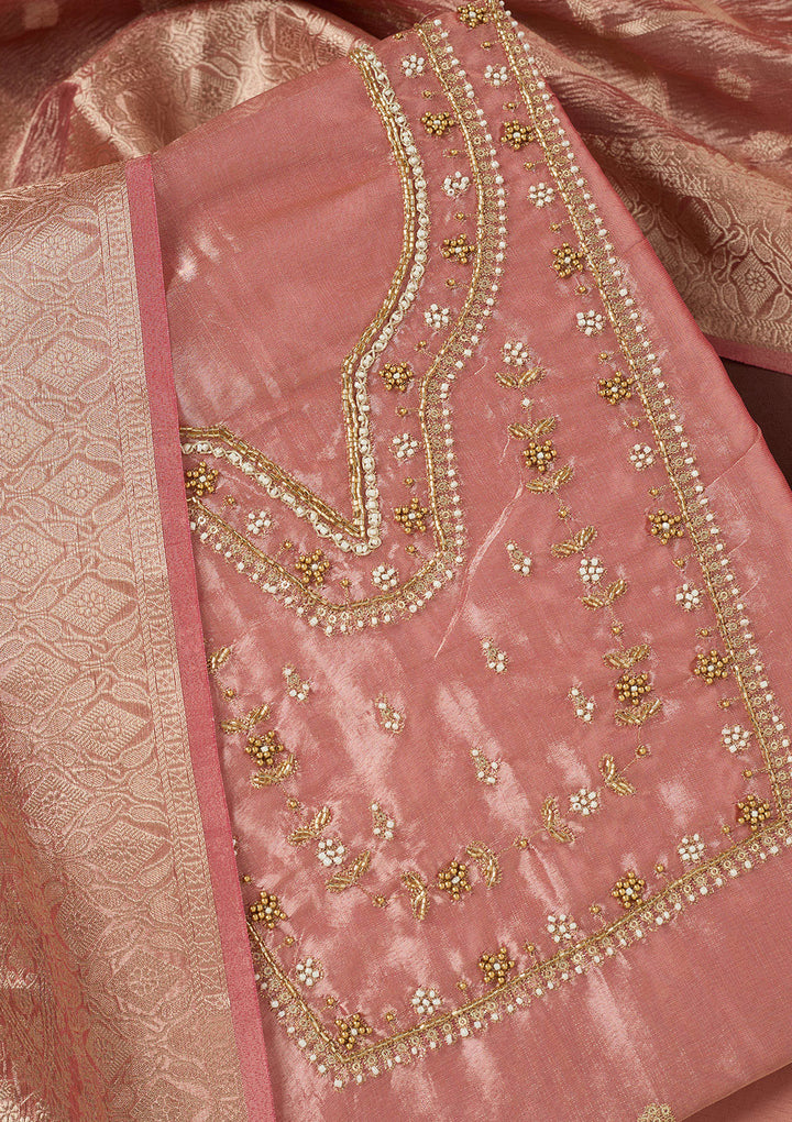 Onion Pink Zardozi (Gold) Tissue Unstitched Salwar Suit