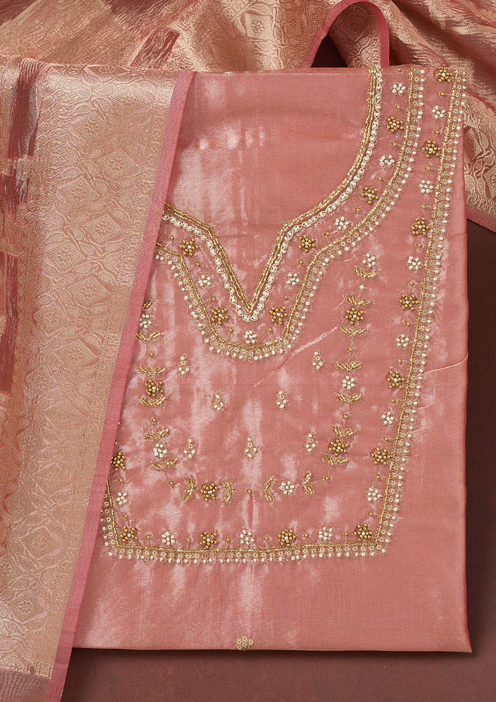 Onion Pink Zardozi (Gold) Tissue Unstitched Salwar Suit
