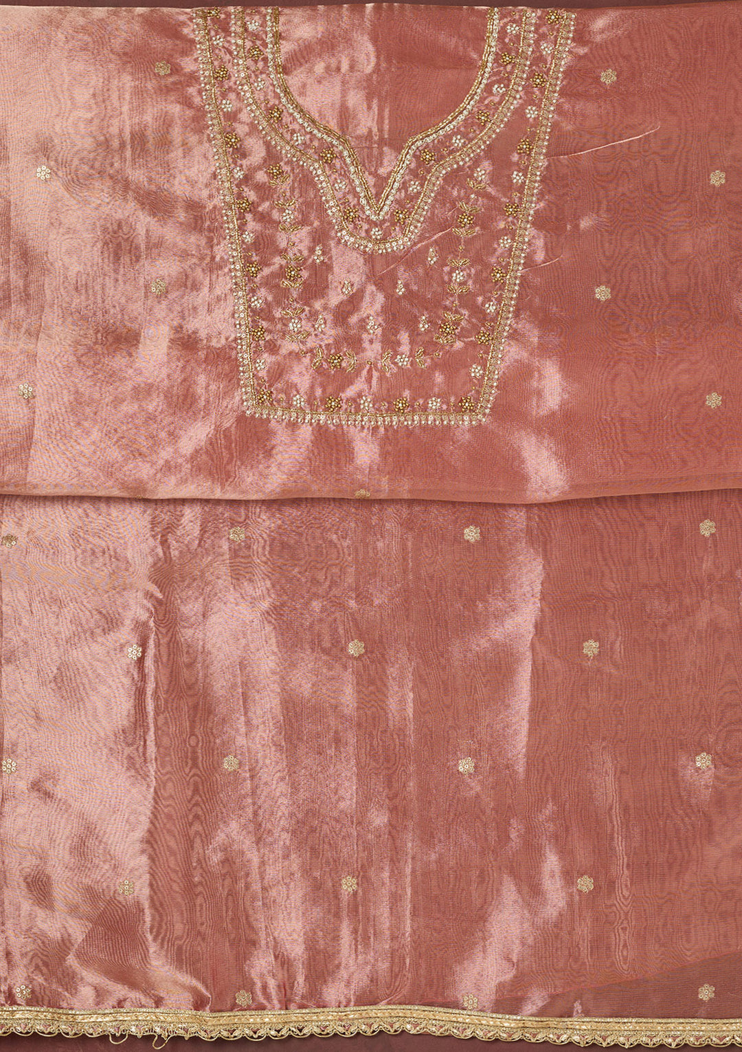Onion Pink Zardozi (Gold) Tissue Unstitched Salwar Suit