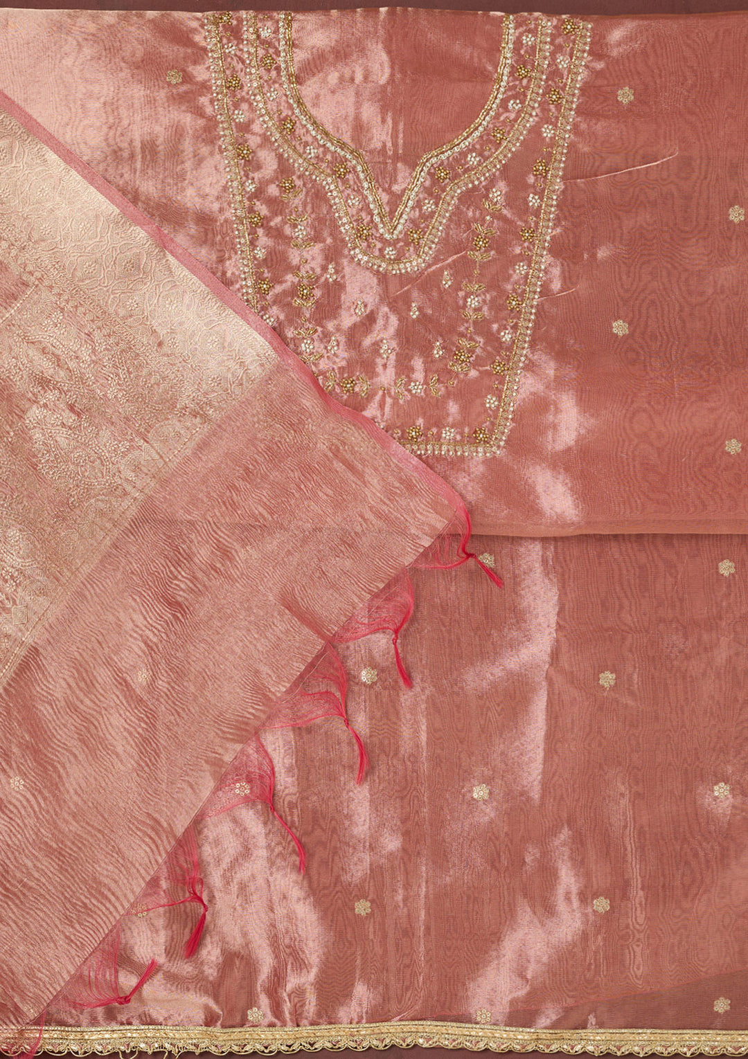 Onion Pink Zardozi (Gold) Tissue Unstitched Salwar Suit