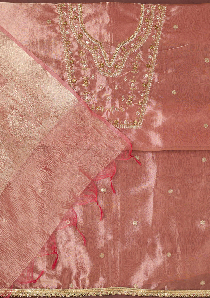 Onion Pink Zardozi (Gold) Tissue Unstitched Salwar Suit