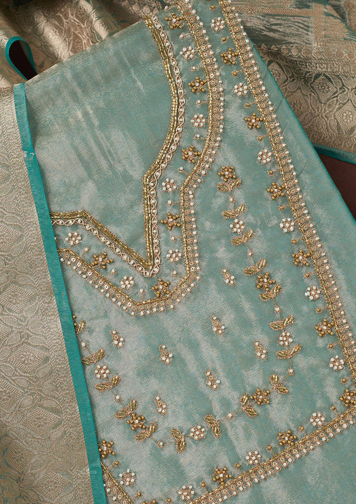Sea Green Zardozi (Gold) Tissue Unstitched Salwar Suit