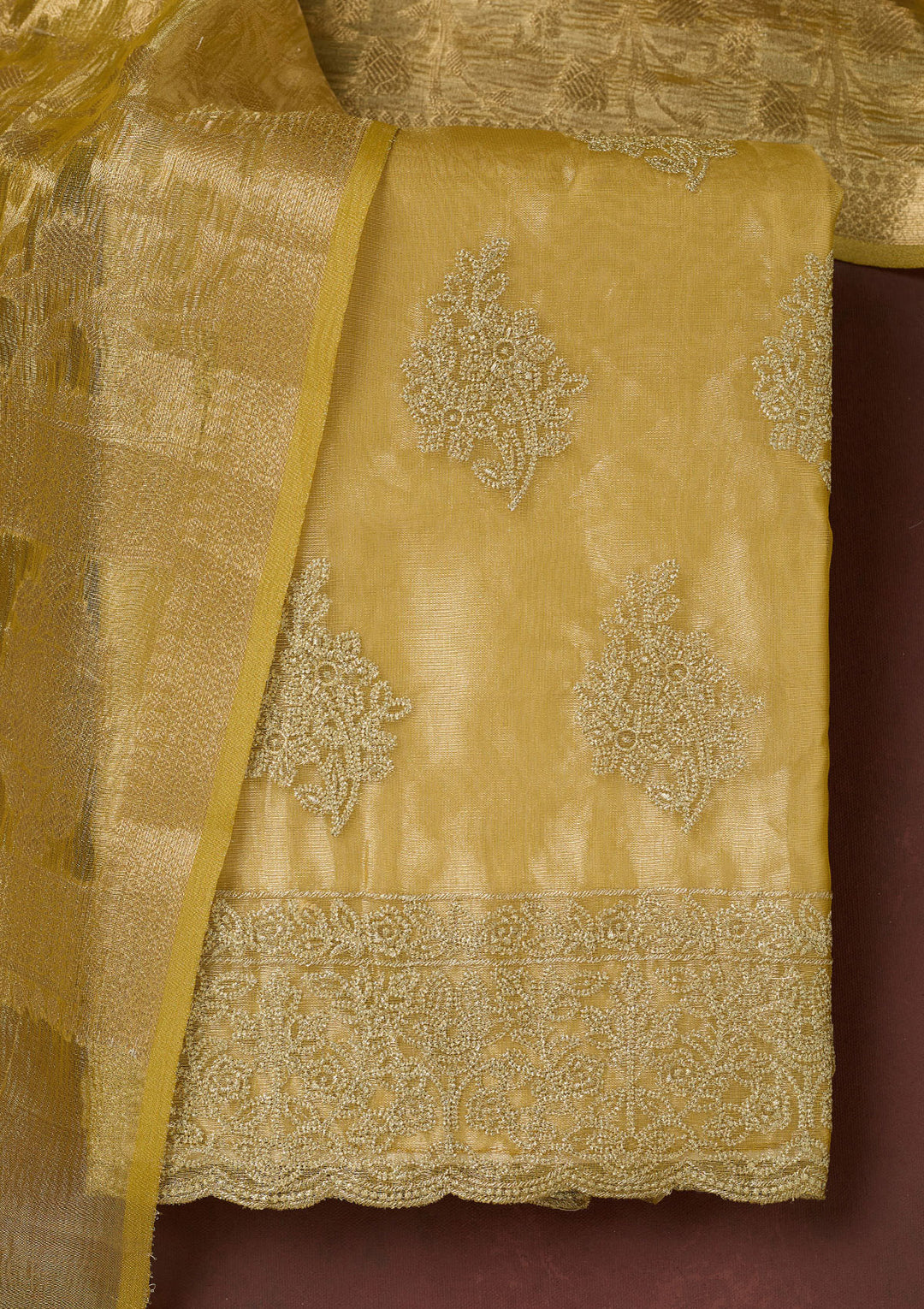 Gold Metallic Embroidery Tissue Unstitched Salwar Suit