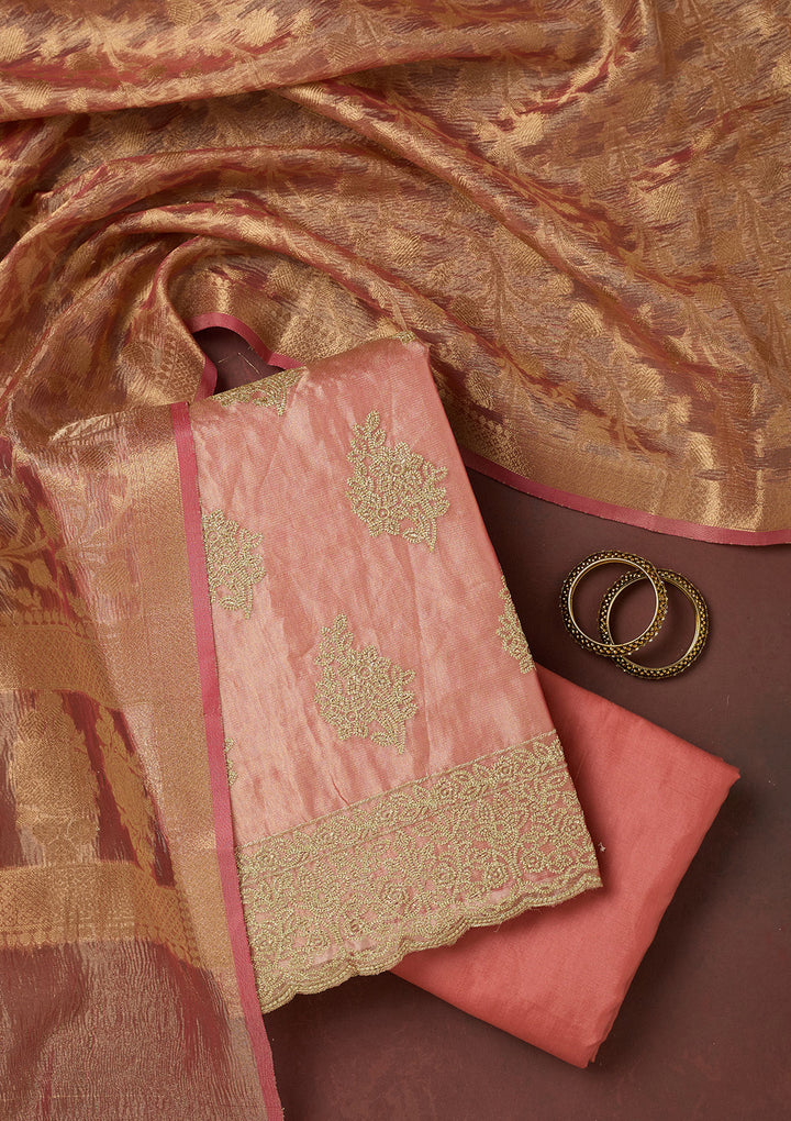 Onion Pink Metallic Embroidery Tissue Unstitched Salwar Suit