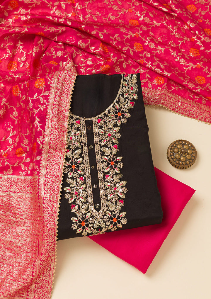 Black Subtle Dola Silk Unstitched Salwar Suit