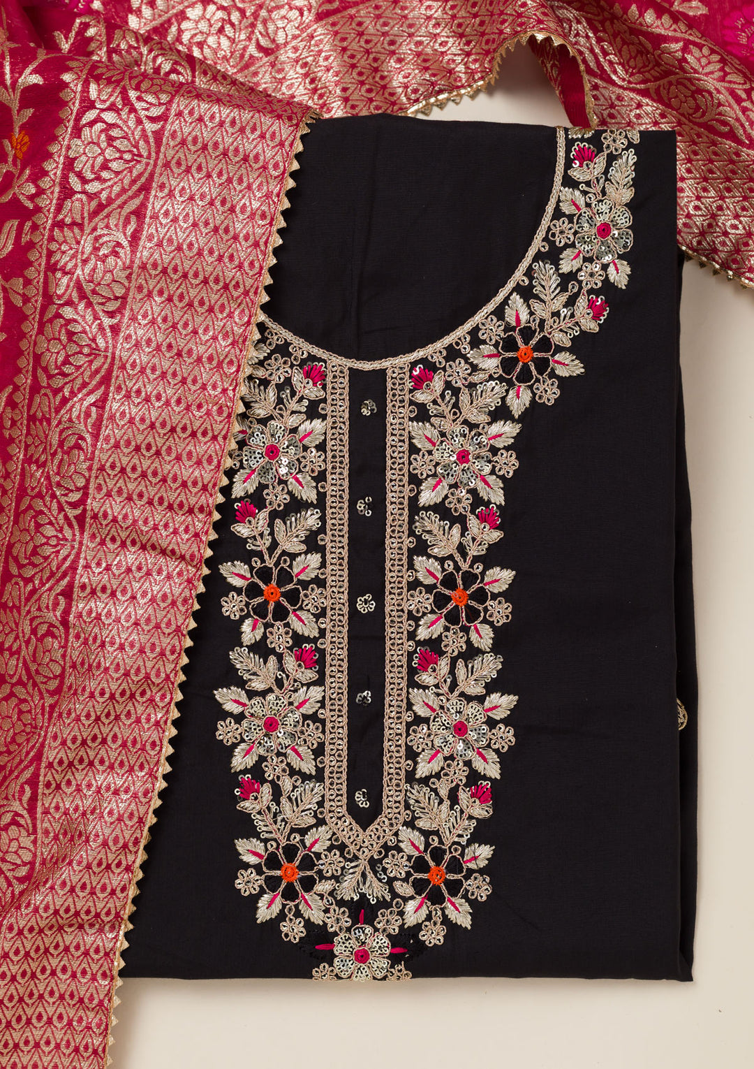 Black Subtle Dola Silk Unstitched Salwar Suit