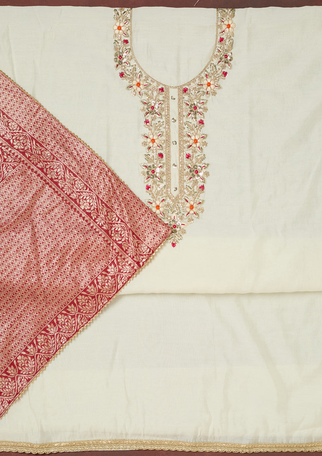 Cream Subtle Dola Silk Unstitched Salwar Suit