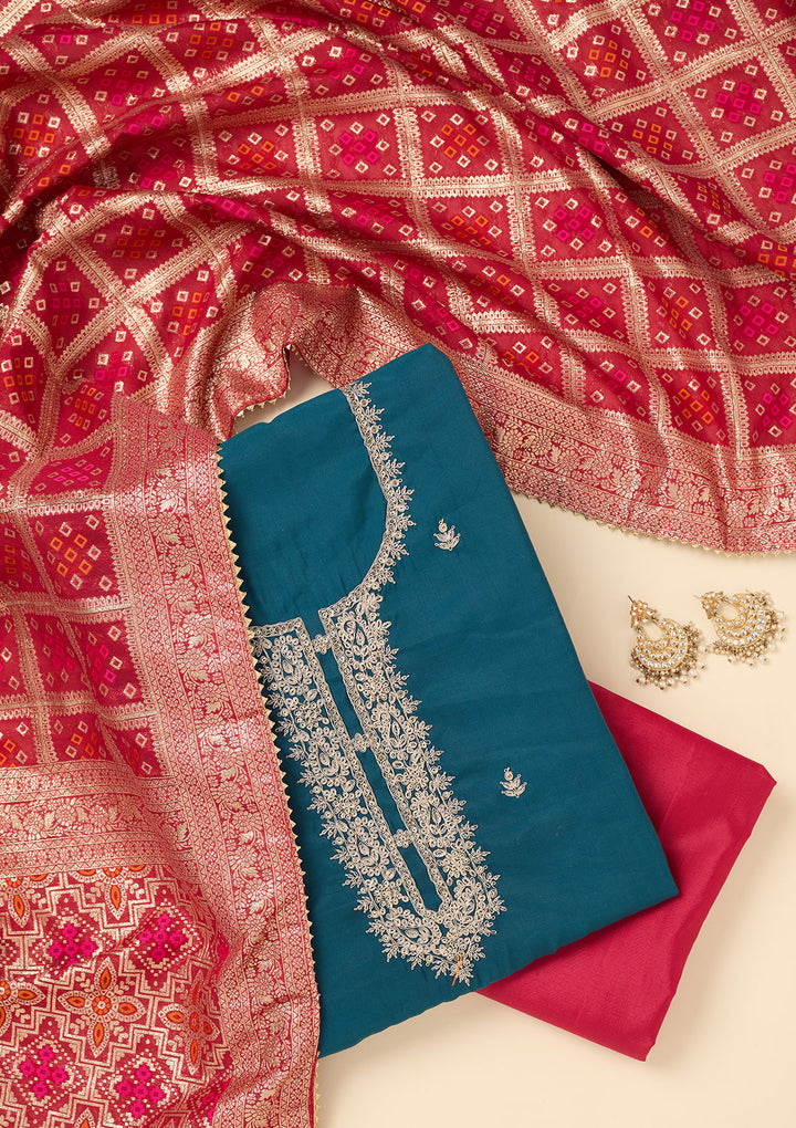 Blue Zariwork Soft Raw Silk Unstitched Salwar Suit