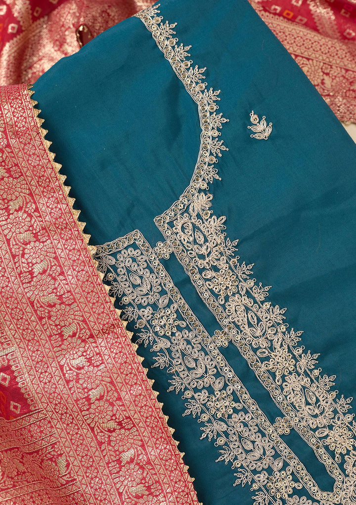 Blue Zariwork Soft Raw Silk Unstitched Salwar Suit