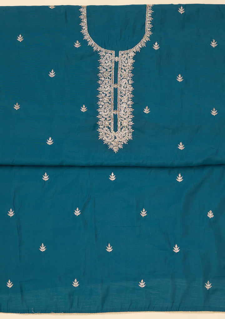 Blue Zariwork Soft Raw Silk Unstitched Salwar Suit