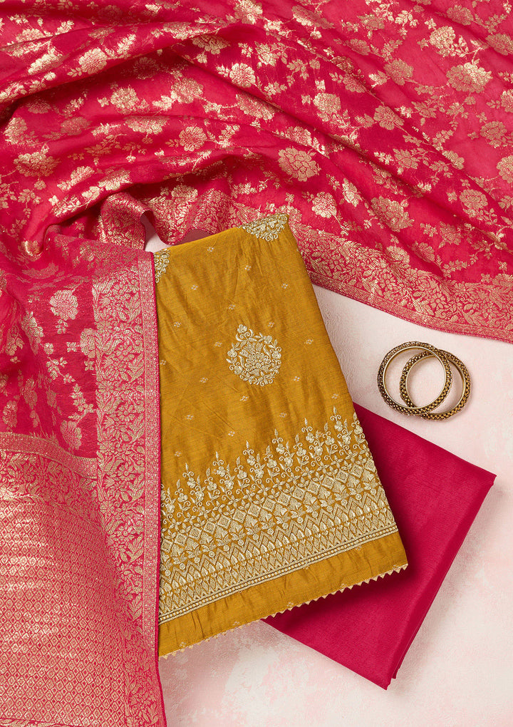 Mustard Metallic Embroidery Chanderi Unstitched Salwar Suit