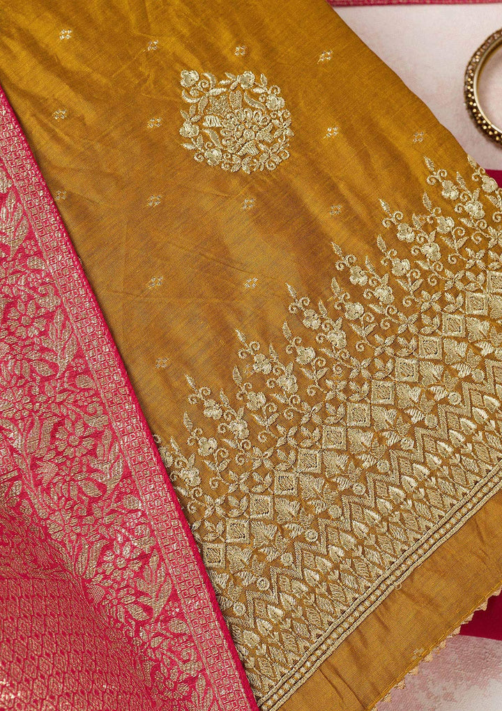 Mustard Metallic Embroidery Chanderi Unstitched Salwar Suit