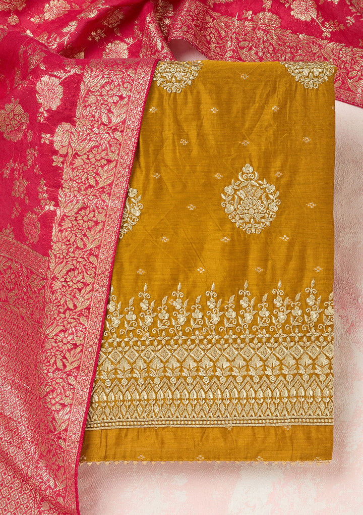 Mustard Metallic Embroidery Chanderi Unstitched Salwar Suit