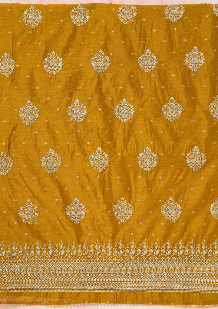 Mustard Metallic Embroidery Chanderi Unstitched Salwar Suit