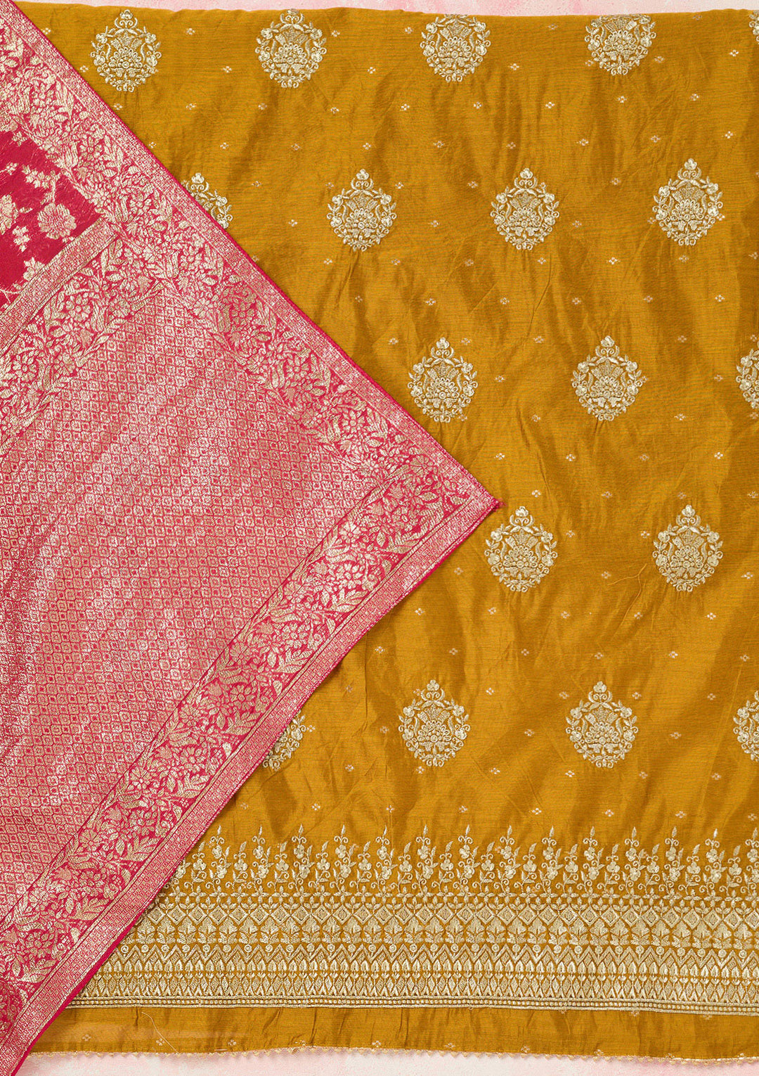 Mustard Metallic Embroidery Chanderi Unstitched Salwar Suit