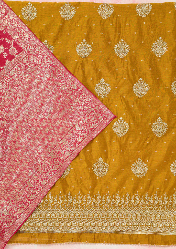 Mustard Metallic Embroidery Chanderi Unstitched Salwar Suit