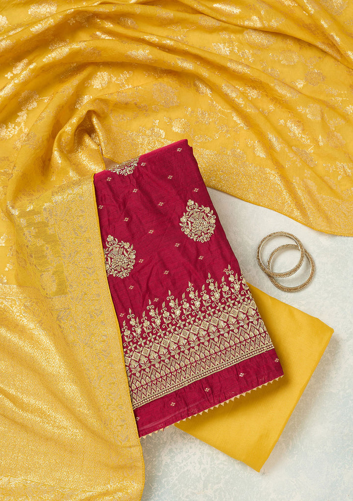 Rani Pink Metallic Embroidery Chanderi Unstitched Salwar Suit