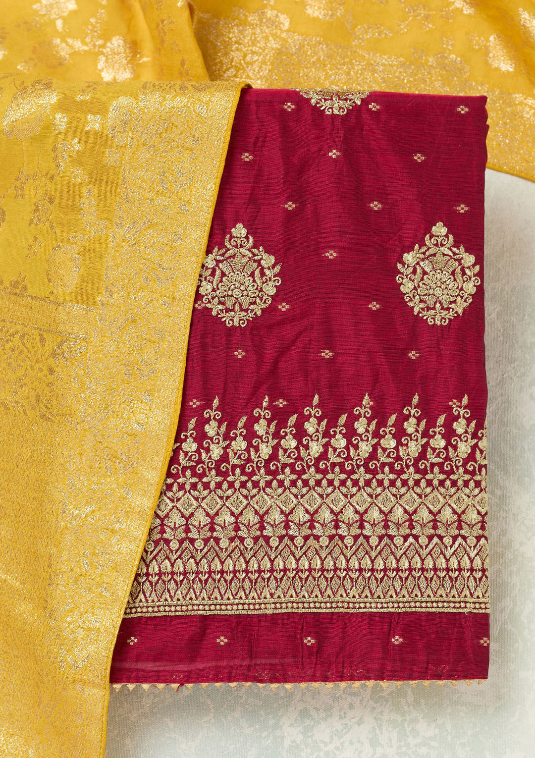 Rani Pink Metallic Embroidery Chanderi Unstitched Salwar Suit