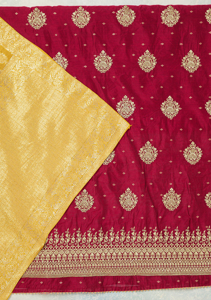 Rani Pink Metallic Embroidery Chanderi Unstitched Salwar Suit