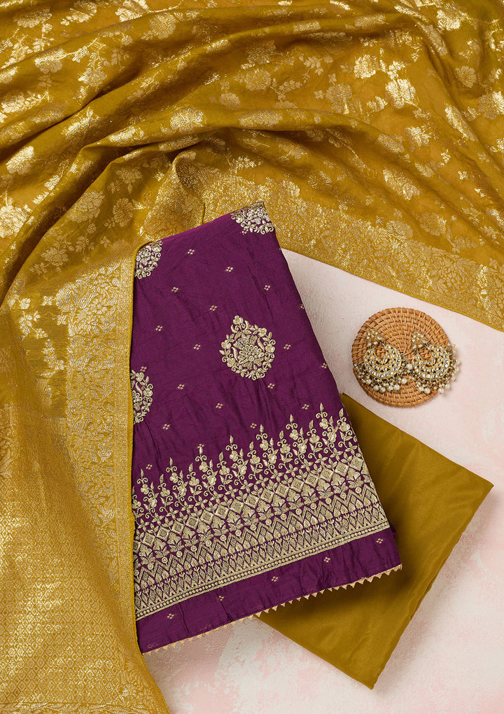 Wine Metallic Embroidery Chanderi Unstitched Salwar Suit