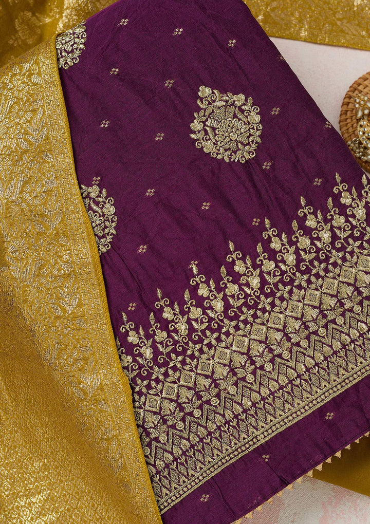 Wine Metallic Embroidery Chanderi Unstitched Salwar Suit