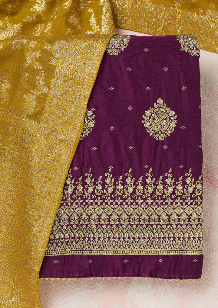 Wine Metallic Embroidery Chanderi Unstitched Salwar Suit
