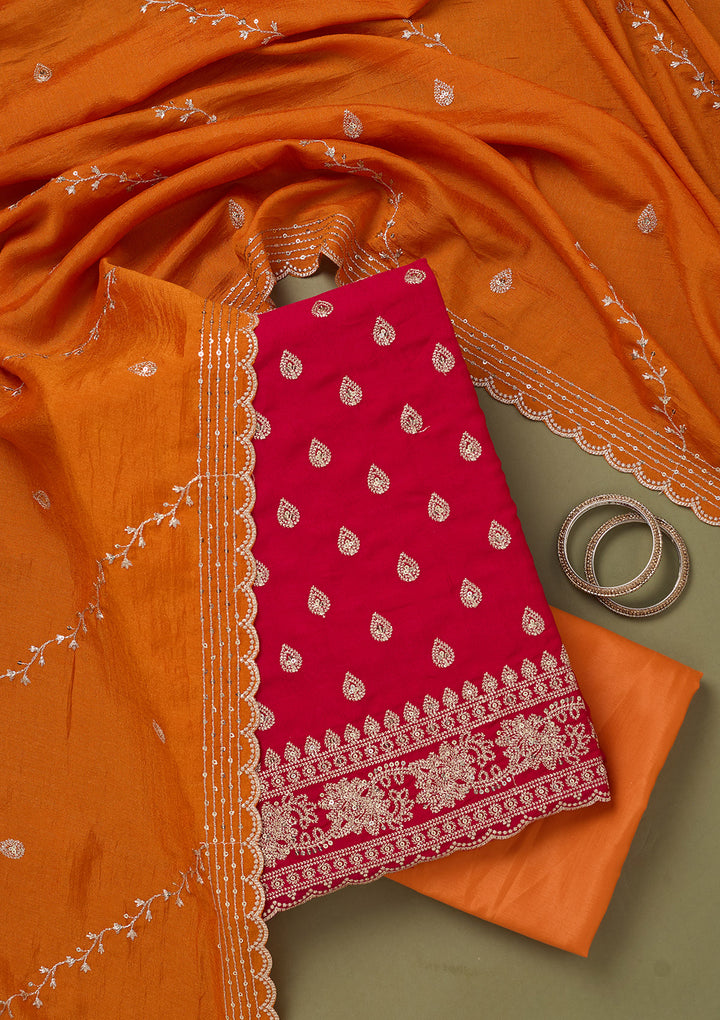 Pink Zariwork Soft Raw Silk Unstitched Salwar Suit